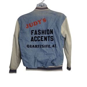 VINTAGE 90s denim varsity bomber spellout jean‎ jacket unisex M